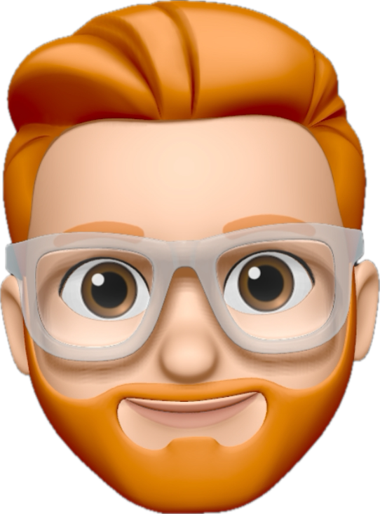 A 3D-rendered emoji-style avatar of Tom Linford-Grayson with light skin, orange hair, and a well-groomed beard. The character wears clear-framed glasses and has a friendly expression with large, expressive brown eyes and a slight smile.